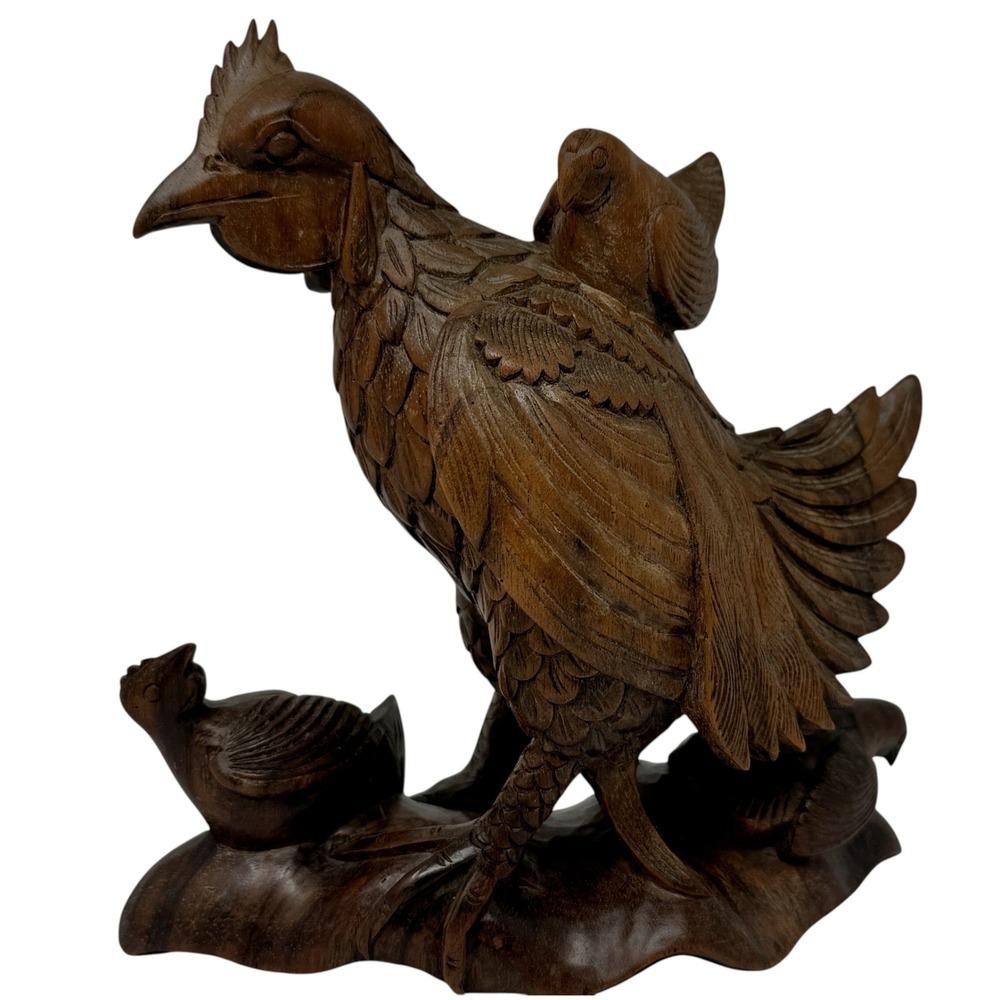 Vtg Hand Carved Wood Hen Chicken Chicks Sculpture Folk Art Asian‎ Farmhouse 8"